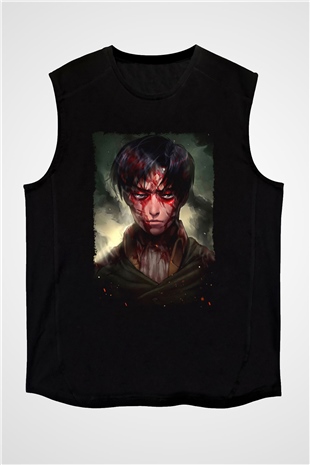 Attack On Titan Baskılı Unisex Siyah Kolsuz Tişört - Tshirt
