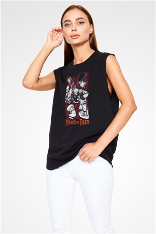 Attack On Titan Baskılı Unisex Siyah Kolsuz Tişört - Tshirt