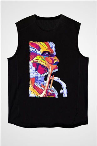Attack On Titan Baskılı Unisex Siyah Kolsuz Tişört - Tshirt