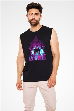 Attack On Titan Baskılı Unisex Siyah Kolsuz Tişört - Tshirt