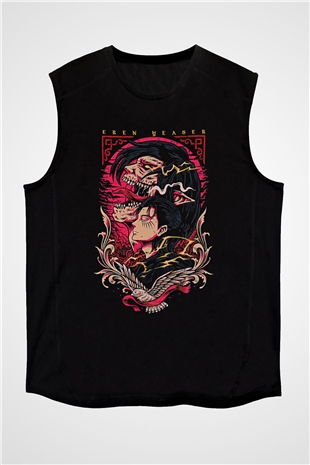 Attack On Titan Baskılı Unisex Siyah Kolsuz Tişört - Tshirt
