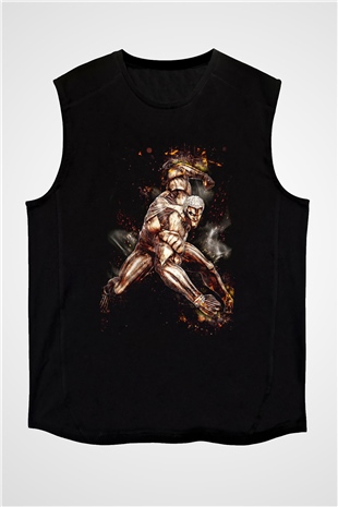Attack On Titan Baskılı Unisex Siyah Kolsuz Tişört - Tshirt