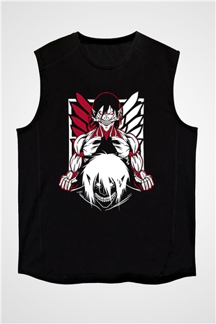 Attack On Titan Baskılı Unisex Siyah Kolsuz Tişört - Tshirt