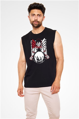 Attack On Titan Baskılı Unisex Siyah Kolsuz Tişört - Tshirt