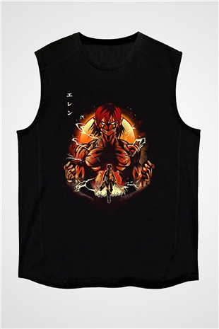 Attack On Titan Baskılı Unisex Siyah Kolsuz Tişört - Tshirt