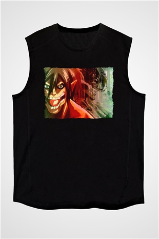 Attack On Titan Baskılı Unisex Siyah Kolsuz Tişört - Tshirt