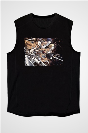 Attack On Titan Baskılı Unisex Siyah Kolsuz Tişört - Tshirt
