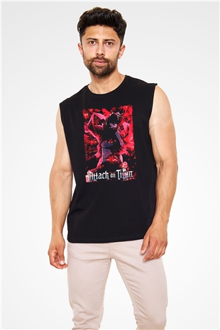 Attack On Titan Baskılı Unisex Siyah Kolsuz Tişört - Tshirt