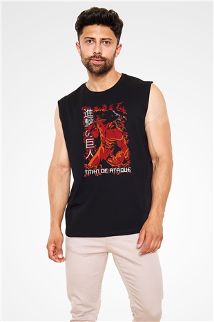 Attack On Titan Baskılı Unisex Siyah Kolsuz Tişört - Tshirt