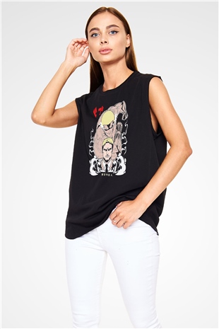 Attack On Titan Baskılı Unisex Siyah Kolsuz Tişört - Tshirt