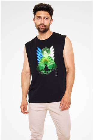 Attack On Titan Baskılı Unisex Siyah Kolsuz Tişört - Tshirt