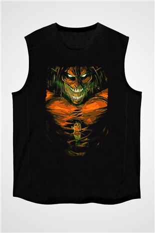 Attack On Titan Baskılı Unisex Siyah Kolsuz Tişört - Tshirt