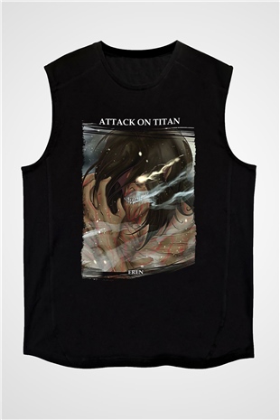 Attack On Titan Baskılı Unisex Siyah Kolsuz Tişört - Tshirt