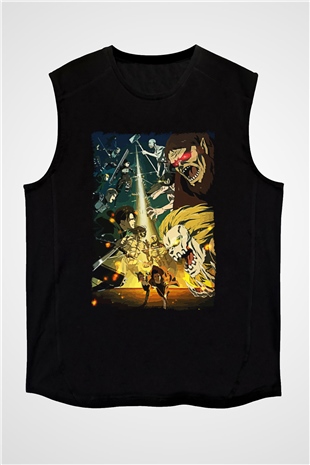 Attack On Titan Baskılı Unisex Siyah Kolsuz Tişört - Tshirt