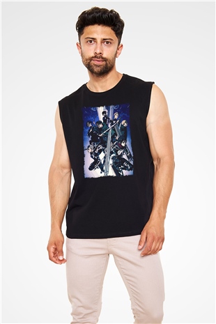 Attack On Titan Baskılı Unisex Siyah Kolsuz Tişört - Tshirt