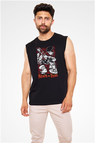 Attack On Titan Baskılı Unisex Siyah Kolsuz Tişört - Tshirt
