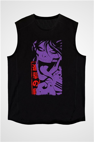 Attack On Titan Baskılı Unisex Siyah Kolsuz Tişört - Tshirt