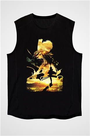 Attack On Titan Baskılı Unisex Siyah Kolsuz Tişört - Tshirt