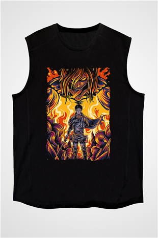 Attack On Titan Baskılı Unisex Siyah Kolsuz Tişört - Tshirt