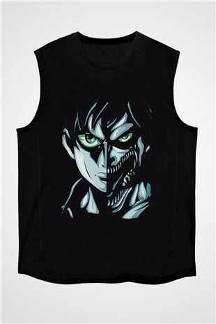 Attack On Titan Baskılı Unisex Siyah Kolsuz Tişört - Tshirt