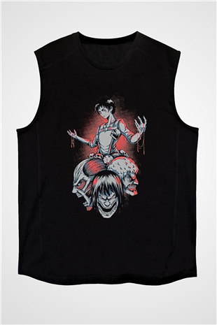 Attack On Titan Baskılı Unisex Siyah Kolsuz Tişört - Tshirt