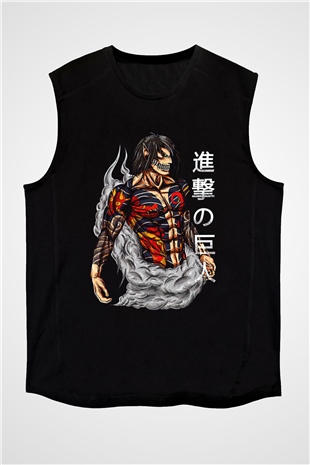 Attack On Titan Baskılı Unisex Siyah Kolsuz Tişört - Tshirt