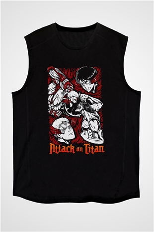 Attack On Titan Baskılı Unisex Siyah Kolsuz Tişört - Tshirt
