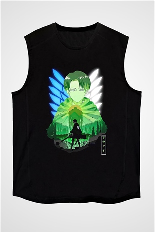 Attack On Titan Baskılı Unisex Siyah Kolsuz Tişört - Tshirt