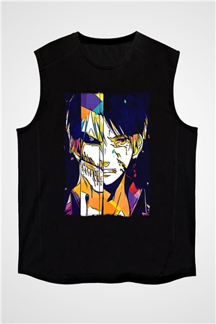 Attack On Titan Baskılı Unisex Siyah Kolsuz Tişört - Tshirt