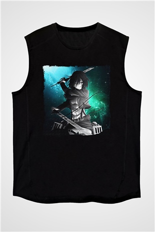 Attack On Titan Baskılı Unisex Siyah Kolsuz Tişört - Tshirt