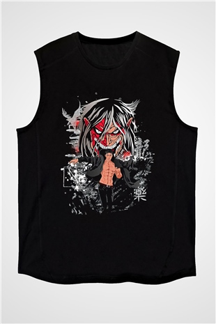 Attack On Titan Baskılı Unisex Siyah Kolsuz Tişört - Tshirt