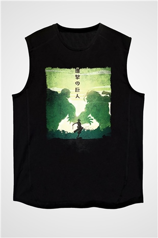 Attack On Titan Baskılı Unisex Siyah Kolsuz Tişört - Tshirt