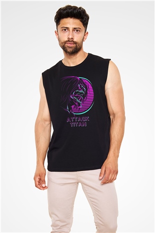 Attack On Titan Baskılı Unisex Siyah Kolsuz Tişört - Tshirt