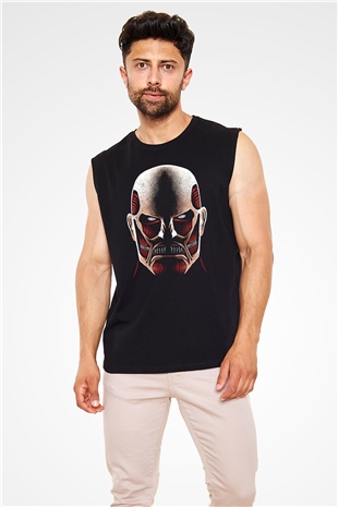 Attack On Titan Baskılı Unisex Siyah Kolsuz Tişört - Tshirt