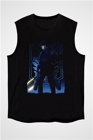 Attack On Titan Baskılı Unisex Siyah Kolsuz Tişört - Tshirt