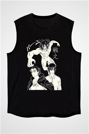 Attack On Titan Baskılı Unisex Siyah Kolsuz Tişört - Tshirt