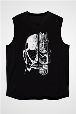 Attack On Titan Baskılı Unisex Siyah Kolsuz Tişört - Tshirt
