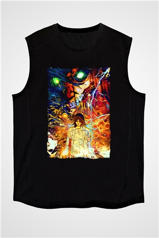 Attack On Titan Baskılı Unisex Siyah Kolsuz Tişört - Tshirt