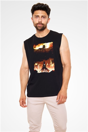 Attack On Titan Baskılı Unisex Siyah Kolsuz Tişört - Tshirt