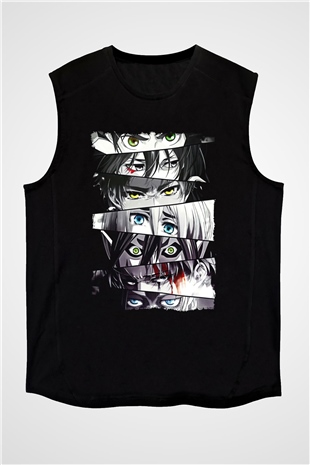 Attack On Titan Baskılı Unisex Siyah Kolsuz Tişört - Tshirt