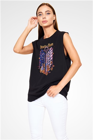 Attack On Titan Baskılı Unisex Siyah Kolsuz Tişört - Tshirt