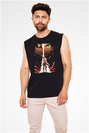 Attack On Titan Baskılı Unisex Siyah Kolsuz Tişört - Tshirt