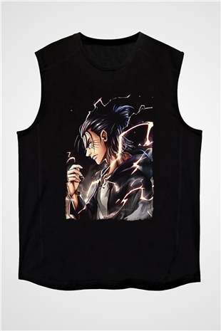 Attack On Titan Baskılı Unisex Siyah Kolsuz Tişört - Tshirt