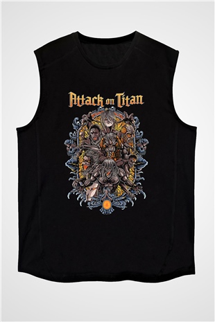 Attack On Titan Baskılı Unisex Siyah Kolsuz Tişört - Tshirt