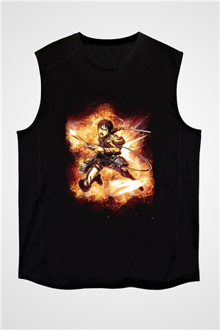 Attack On Titan Baskılı Unisex Siyah Kolsuz Tişört - Tshirt
