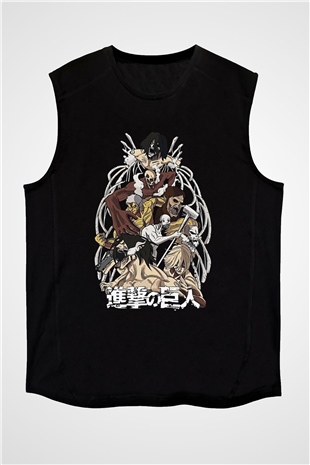 Attack On Titan Baskılı Unisex Siyah Kolsuz Tişört - Tshirt