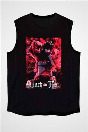 Attack On Titan Baskılı Unisex Siyah Kolsuz Tişört - Tshirt