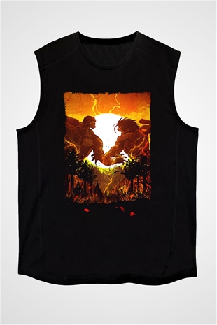Attack On Titan Baskılı Unisex Siyah Kolsuz Tişört - Tshirt