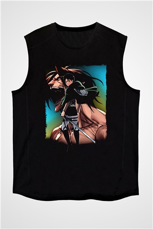 Attack On Titan Baskılı Unisex Siyah Kolsuz Tişört - Tshirt
