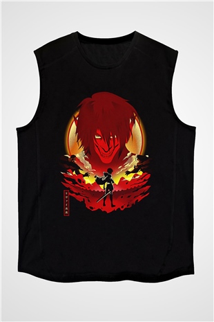 Attack On Titan Baskılı Unisex Siyah Kolsuz Tişört - Tshirt